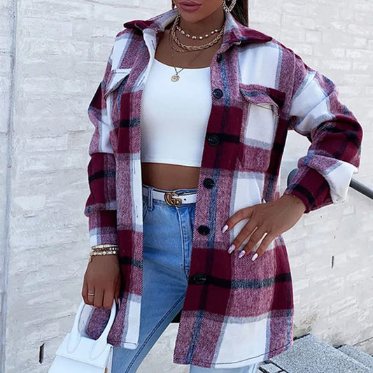 Women Oversize Jacket Winter Fleece Coat Vintage Plaid Top Long Sleeve Outerwear All Match Thick Shirt Fall Warm Ins Jacket 2021